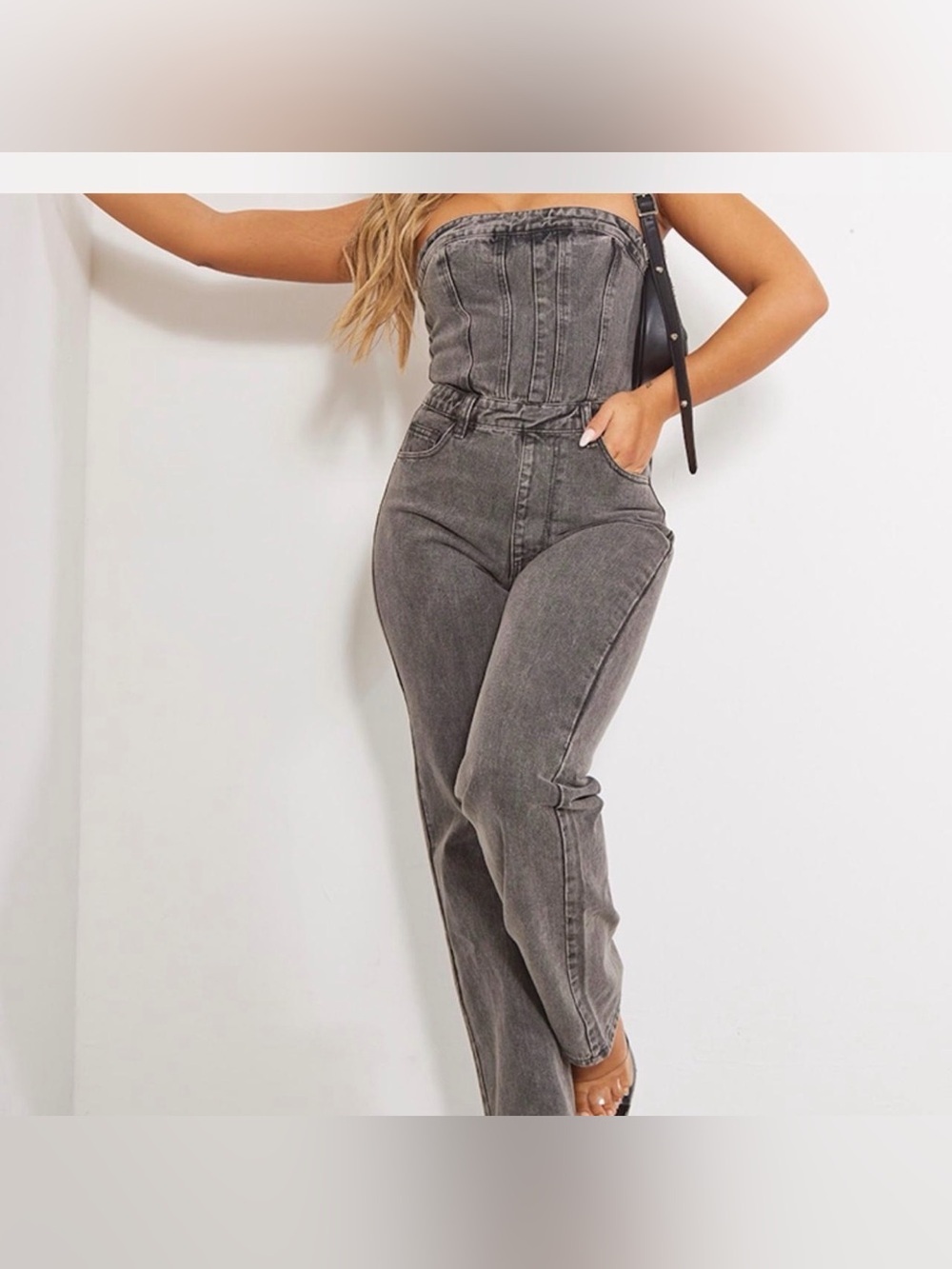 PrettyLittleThing Washed Gray Strapless High-Rise Denim Jumpsuit
